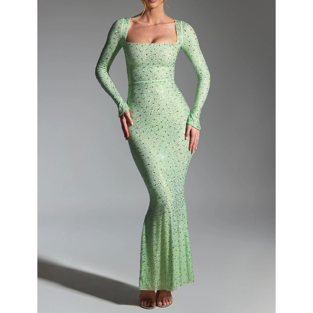 Oh‎ Polly Lime Green Rhinestone Mesh Maxi Dress Square Neck Long Sleeve US 2 NEW